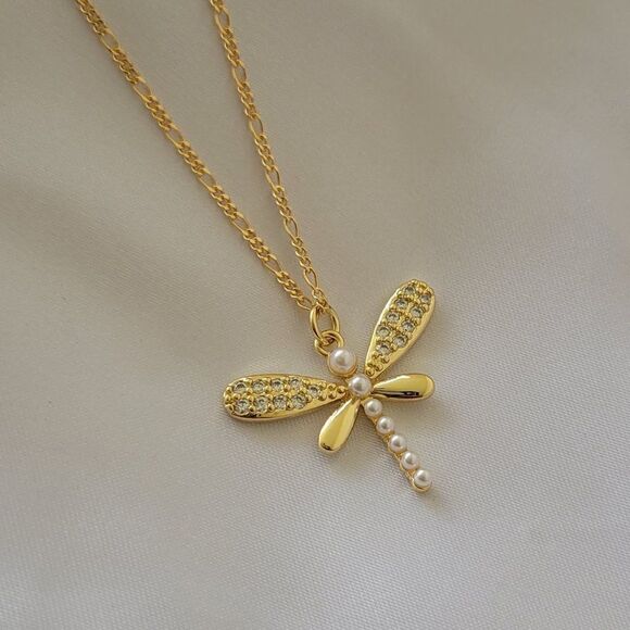 Gold Filled Dragonfly Necklace Gold Figaro Chain Dragon Fly Pendant Necklace - Picture 2 of 3